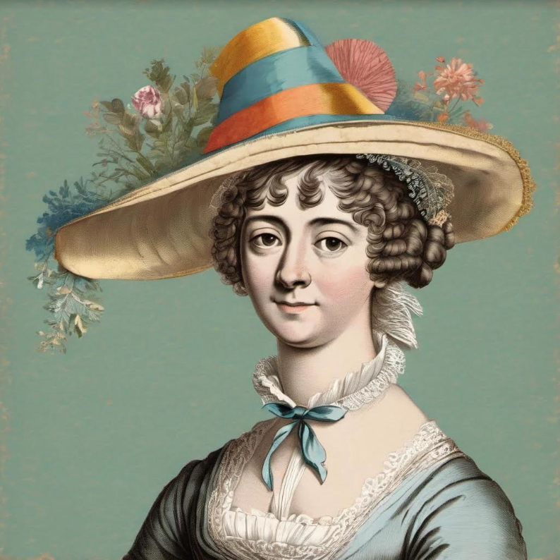 19th century image of Jane Austen in a large colorful hate with flowers