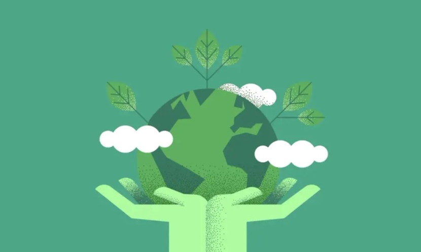 fanciful drawing of green hands holding up a green earth sprouting plants