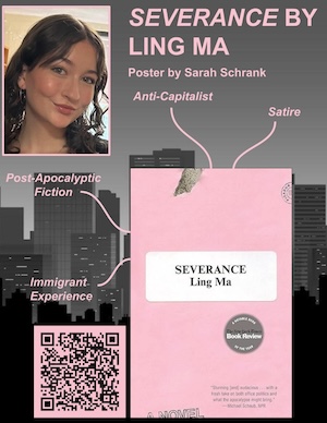 The pink book cover of "Severance" by Ling Ma, against an abstracted grey urban background, accompanied by a photo of the student, Sarah Schrank, who chose the book.