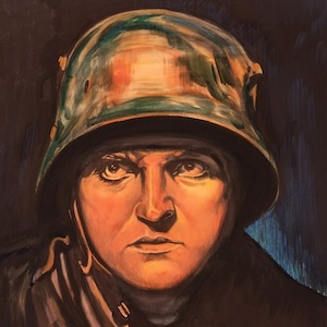 An intense face, orange as if lit by fire or explosions, glares upward under a green helmet against a dark background