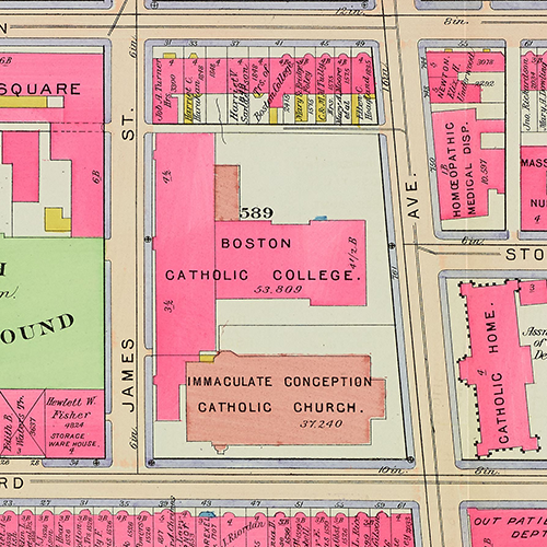 Map excerpt of a city block with different colors for different land uses: pink and yellow for buildings, beige for streets, grey for sidewalks, and green for parks. Buildings are labeled with owner names. At the center a large building is labled "Boston Catholic College," which is next to Immaculate Conception Catholic Church.