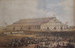 Exterior view of Coliseum for the National Peace Jubilee, Boston, 1869. (Michael Cummings Collection of P.S. Gilmore, John J. Burns Library, Boston College)