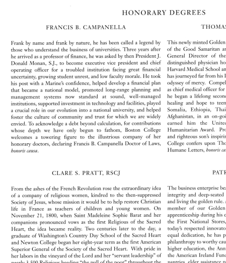 2001 Commencement Program: Dr. Campanella was awarded an honorary degree at the University’s 2001 Commencement ceremony.  The event’s Program included an eloquent description of Dr. Campanella’s contributions to Boston College.