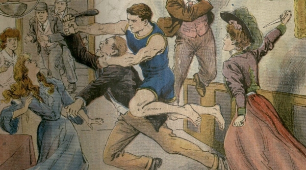 An illustration of a street fight from a Dime Store novel cover